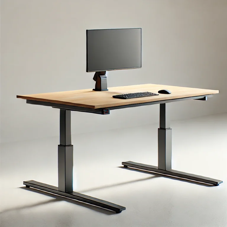 DALL·E 2025-01-12 00.49.32 - A realistic image of a modern adjustable height desk. The desk is sleek and minimalistic, featuring a wooden tabletop with a light oak finish and a st
