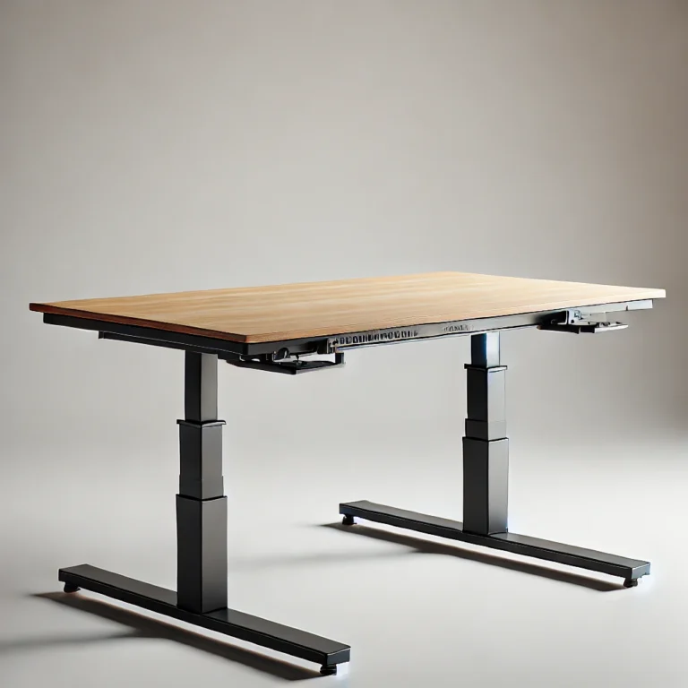 DALL·E 2025-01-12 00.50.17 - A realistic image of a modern adjustable height desk, similar to the previous one. The desk is sleek and minimalistic, featuring a wooden tabletop wit