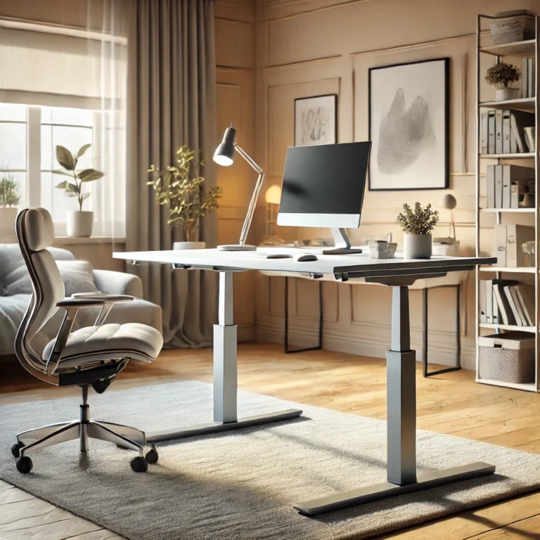 DALL·E 2025-01-12 01.00.50 - A realistic image of a modern adjustable height desk in a cozy home office environment. The desk features a sleek matte white tabletop with rounded ed
