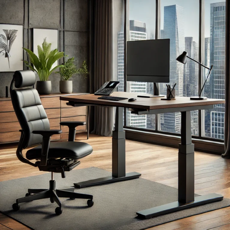 DALL·E 2025-01-12 01.02.13 - A realistic image of a modern adjustable height desk in a stylish corporate office environment. The desk features a dark walnut wooden tabletop with a